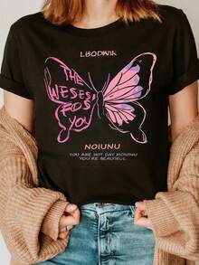 Camiseta Mujer con Mariposa Rosa y Frases Positivas, Buena para Días Inspiradores y Casuales, Algodón 100% Suelto (180g), Moda Boho y Empoderadoraplayeras navideñas,blusas elegantes dama,blusas curvy mujer. - Negro - Ver 1