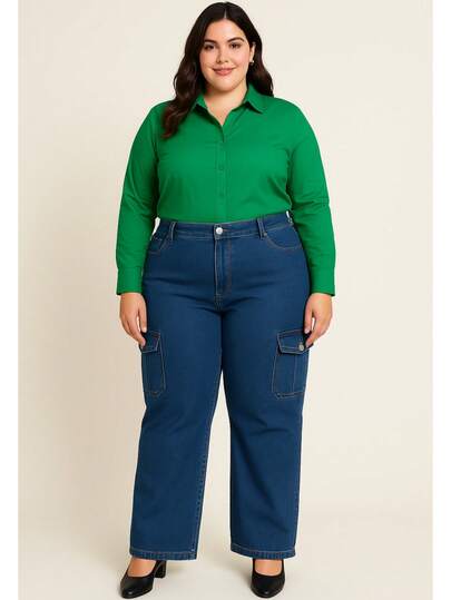 Pantalon Jeans Mezclilla Tallas Extras Bolsillos Laterales,Traseros y Bolsas de Cargo con Boton de Ajuste ,Cintura Alta Pierna Ancha con Cremallera y Botón para Uso Diario con Strech Sexy Curvy Casual Formal e Informal Moda