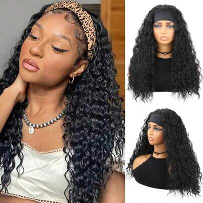 Headband Wigs For Women Wet And Wavy Headband Wig 20Inch Curly Wave Synthetic Wigs Glueless Heat Resistant Long Wigs For Daily Party Use