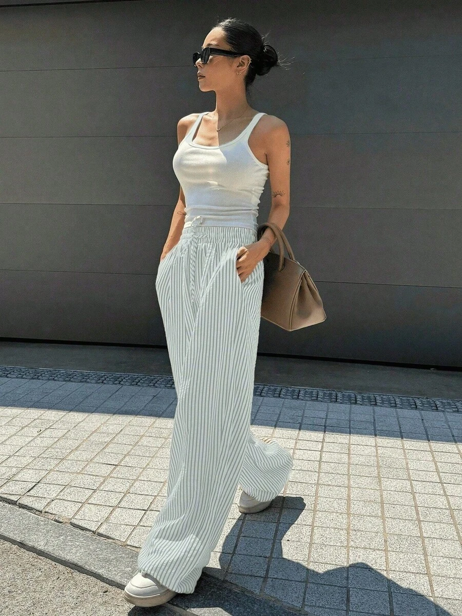 Wide Leg Striped Elastic Palazzo Pants With Pockets - Grey - View 1