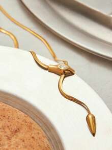 Simple Classic Zirconia Serpentine Necklace 18K Gold Color Plated Stainless Steel Serpentine Chain Stackable Chain Women's - Gold - View 6