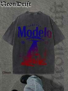 Y2K, Cool,UFO,Outdoor Sport,Modern Streets,Fashionable Pure Cotton Vintage Washed Men's T-Shirt, A Surprise Gift For Family And Friends, With Drooping Shoulder Sleeves And Round Neck,High-Quality Batik Cotton Retro Fashion Brand T-Shirt,A Certain Thickness Suitable For Summer T-Shirts, Holiday Gifts. - 黑色 - 查看 2