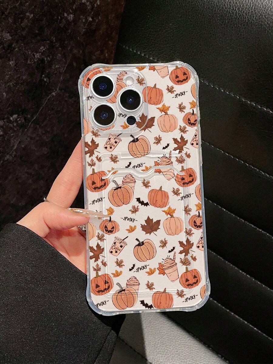 Halloween Themed Phone Case, Cute Pumpkin Lantern, Bat, Maple Leaf, Letter Pattern Phone Case, Coffee Cup, Ice Cream Cup Pattern Phone Case, Built-In Card Slot Can Hold Bank Card/Transportation Card/Family Photo/Celebrity Card, Full-Body Protective Shock-Proof Soft Transparent Card Pocket Phone Case, Phone Protective Cover, Compatible With IPhone 17, 17 Pro Max - Multicolor - View 1