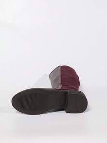 女士新款酒红色仿皮绒面拼接基本款侧拉链设计经典圆头舒适不紧绷高筒修身显腿型保暖内衬秋冬保暖平底时尚马靴/过膝靴，适合秋季、派对等场合 - 酒紅色 - 查看 9