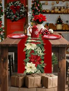 1pc Festive Red Christmas Table Runner With Poinsettia And Pine Branch Design - Polyester, Rectangular Holiday Decor For Dining Room, Kitchen, Indoor/Outdoor Parties, Christmas Table Decorations - Red - View 1