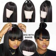 Straight Wigs With Bangs Human Hair For Women None Lace Front Wigs Brazilian Virgin Hair Glueless Machine Made Straight Wig Natural Black Color 180% Density - Natural Black - 查看 3