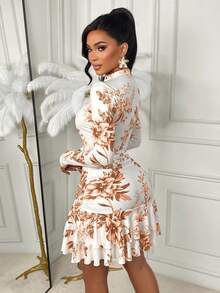 AIJ Amarilo 性感优雅花卉印花镂空女式迷你连衣裙 - 白底棕花 - 查看 4