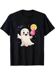 Cartoon Ghost Halloween Cotton Graphic T-Shirt, Black Casual Halloween Shirts With Bat, Moon, Ice Cream, And Stars, Girls/Boys Fall Clothes, Round Neck Short Sleeve T-Shirt, Cute And Funny Holiday Style Gifts For Halloween,Kids Clothes Boys&Girls - Black - View 3