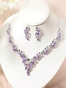 3PCS, European Style Green Zirconia Necklace Earrings Set Golden Jewelry Gift Birthday Gifts For Women Mother Wife Girl Her