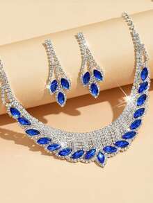 3pcs Luxury Fully Rhinestone Necklace & Earrings Jewelry Set, Bridal Wedding Gown Party Accessories - Multicolor - View 9
