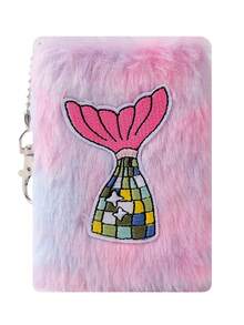 1pc Cartoon Kitten Plush Notebook, Cute Mini Portable Pocket Notepad, Furry Plush Diary For Girls, Children Writing Book, School Bag Pendant Gift , Back To School Gifts