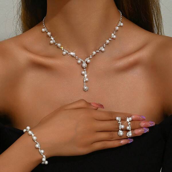 Elegant Faux Pearl & Diamond Jewelry Set - Necklace, Earrings, Bracelet, Suitable For Women's Wedding, Party Wear