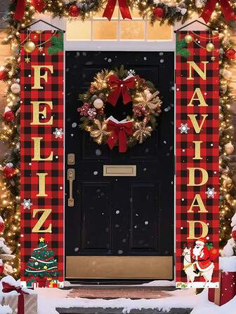 1 par de banderines decorativos mexicanos navideños vibrantes, bandera colgante para porche, bandera colgante temática navideña a cuadros en rojo y negro, decoración elegante para interiores y exteriores, ideal para porche, patio, garaje y decoración del hogar