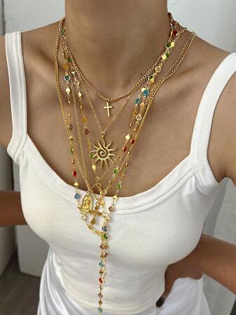 7-4pcs Vintage Elegant Fashion Hip Hop Retro Coin Rhinestone Bling Bling Colorful Crystal Rhinestone Portrait Cross Flower Sun Heart Faux Pearl Tassel Long Necklace Set, Personalized Exaggerated Unique Multi-Piece Layered Y-Necklace Choker Sweater Chain Suitable For Women, Autumn/Winter, Vacation, Party, Banquet, Date, Gift, Daily Wear, All Season, Versatile Jewelry