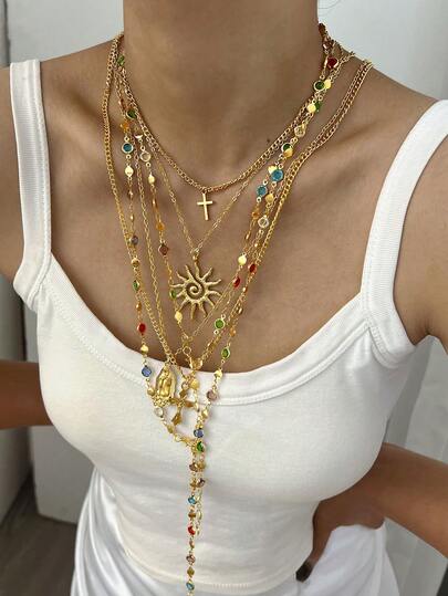 2-7pcs Vintage Elegant Fashion Hip Hop Retro Coin Rhinestone Embellished Pendant Necklace Set, Featuring Cross, Flower, Sun, Heart Designs, Tassel Decor, Y-Necklace, Choker, Suitable For Women, Vacation, Party, Daily Wear, All Seasons