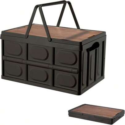 35Lの軽量折りたたみ式キャンプ用収納ボックス。木製の蓋とハンドル付きで、キャンプ用品を収納できます。アウトドア用の折りたたみ式コンテナです。大きくて組み立てやすく、用途が広く、厚みがあり、頑丈です。ご家庭、オフィス、車内、寝室など、様々な場所でお使いいただけます。