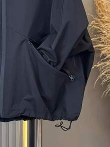 2025新款黑色连帽女式风衣外套，宽松抽绳双拉链口袋，休闲工装风外套，春秋季款 - 黑色 - 查看 4