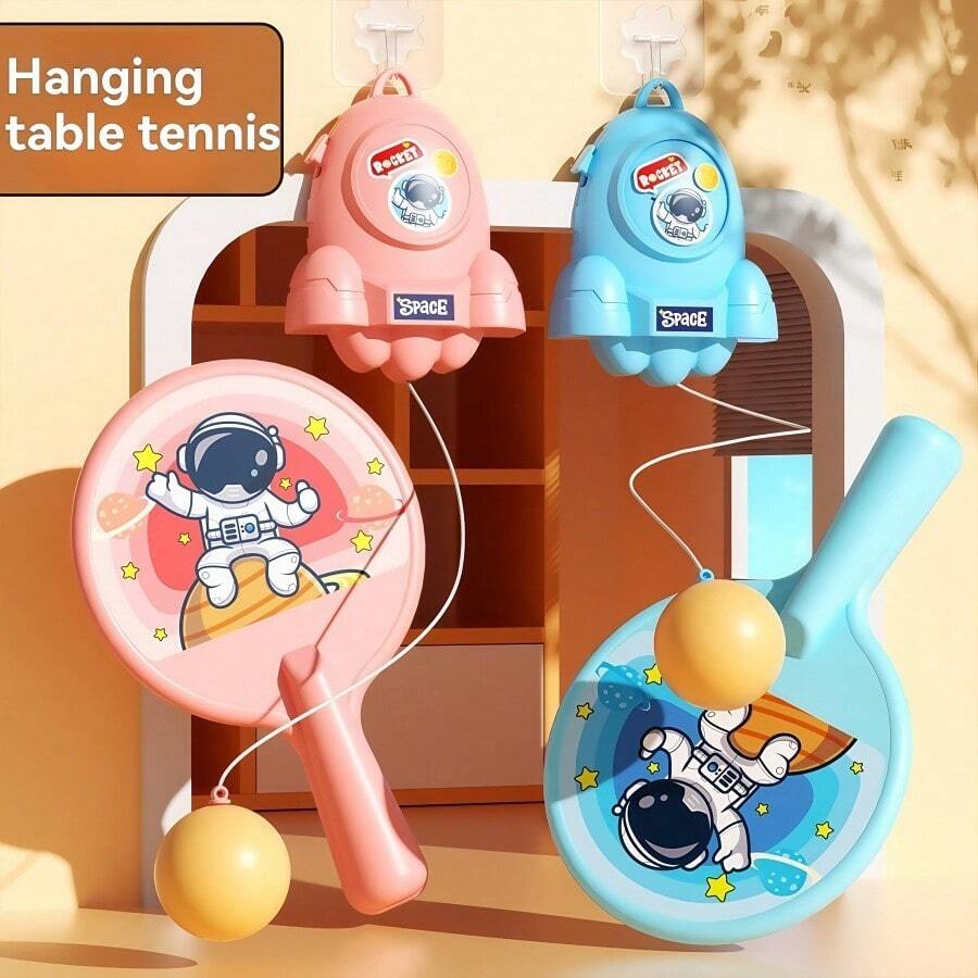儿童宇航员悬挂式乒乓球训练器 - 高度可调节，包含球拍和乒乓球，便携式乒乓球套装，室内家庭互动运动玩具，适合3岁以上男孩女孩，生日礼物