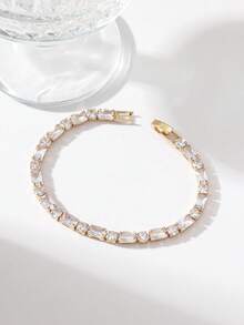 1pc Minimalist Fashion Square Zirconia Inlaid Gold-Plated Bracelet, Versatile - Gold - View 3