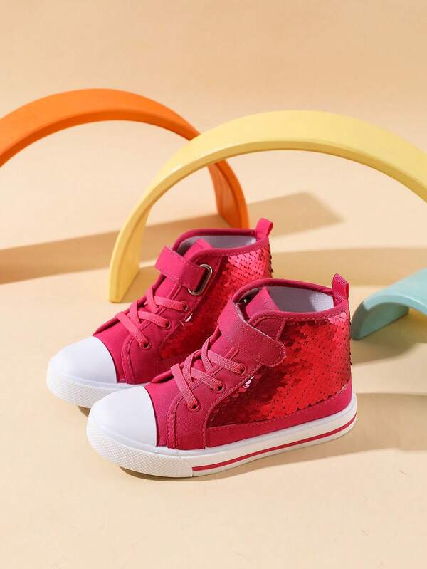 Trampki dla małych dziewczynek, wysokie, płócienne, codzienne, z błyszczącymi, zmieniającymi kolor cekinami