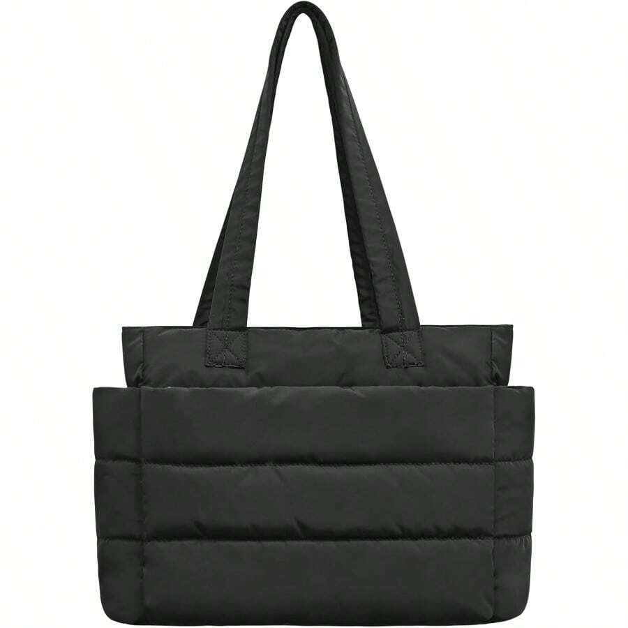 Tote Bag For Women Puffer Quilted Handbag With Compartments Lightweight Puffy Shoulder Bag For Travel Work Gym - 黑色 - 查看 1