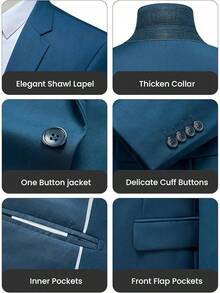 Men's Slim Fit 3 Piece Suit, One Button Solid Blazer Business Party Jacket Vest Pants Sethalloween - 藍色 - 查看 8
