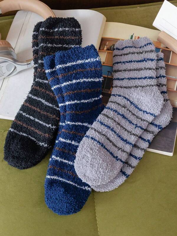 3 Pairs Versatile Striped Wool Blend Socks, Multi-Color Striped Details, Comfortable For Home Wear In Winter