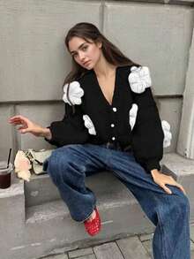 Áo khoác cardigan nữ thanh lịch thêu hoa, trang phục thường ngày thoải mái cho các buổi hẹn hò và đi chơi, thích hợp cho các dịp lễ, kỳ nghỉ, Ngày Valentine, Năm mới, mùa hè, sinh nhật. - Đen và trắng - Xem 7