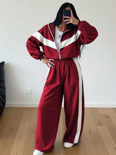 2pcs/Set Color Block Patchwork Casual Elegant Zip-Up Hoodie Set, Suitable For Sports, Home, Office, Street Wear In Spring, Autumn And Winter. Loose Fit Long Sleeve Sweatshirt For Women In Autumn/Winter