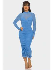 Espresso Mesh Ruched Midi Dress W/ Bra Detail  Plain    Elegant    Ruched  Contrast Mesh  Rib-Knit - Light Blue - View 4