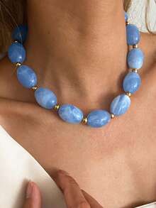 1pc Bohemian Geometric Asymmetrical Beaded Resin Chain Necklace, Luxurious Casual Party Women's & Couples' Wedding Holiday Versatile Metal Jewelry Gift - Necklace - View 6