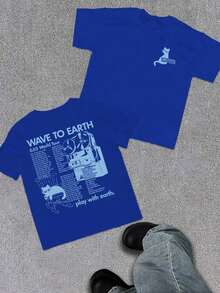 WAVE TO EARTH Play With Earth Letters Kitten Print Men's T-Shirt, Simple Art Harajuku Style, Band Music Kitten T-Shirt, Fashion Casual Loose Men And - 寶藍色 - 查看 1