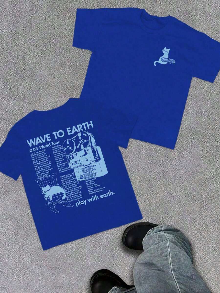 WAVE TO EARTH Play With Earth Letters Kitten Print Men's T-Shirt, Simple Art Harajuku Style, Band Music Kitten T-Shirt, Fashion Casual Loose Men And - 寶藍色 - 查看 1