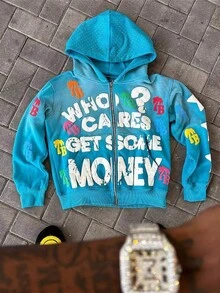 Y2K American Print Oversized Hoodie Jacket – Zip-Up, Retro Vibe, Ultra Comfortable - KTT02-淺藍色 - 查看 1
