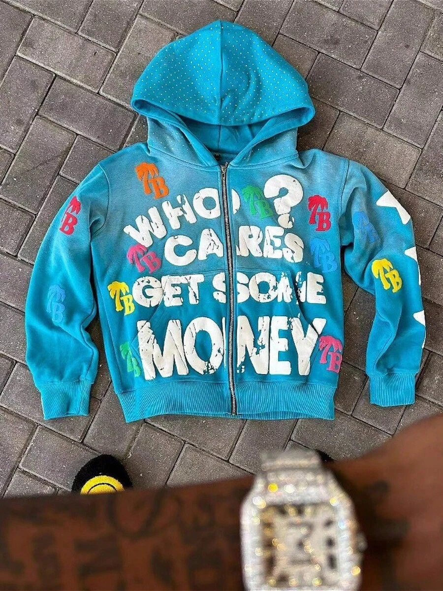 Y2K American Print Oversized Hoodie Jacket – Zip-Up, Retro Vibe, Ultra Comfortable - KTT02-淺藍色 - 查看 1