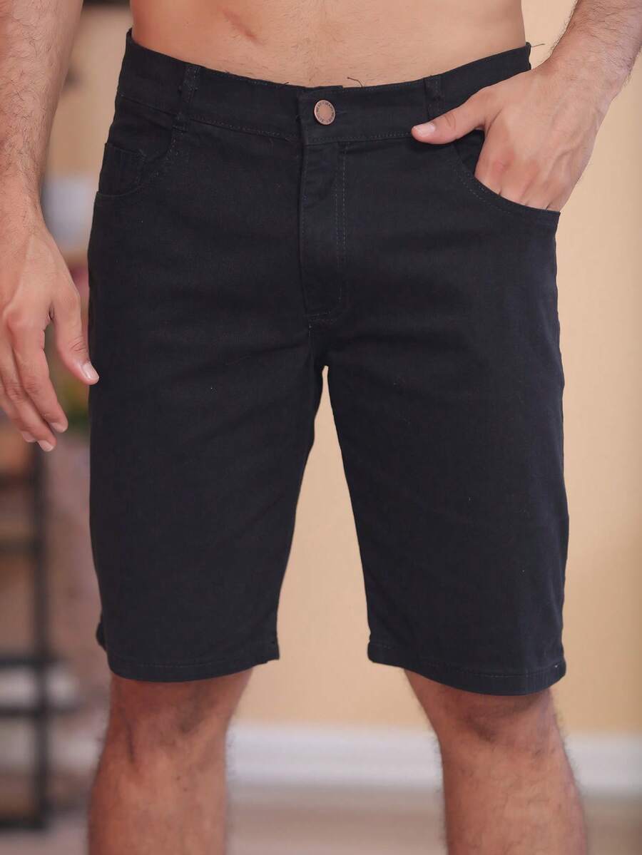 Men's Plain Colored Twill Bermuda Shorts - Black - View 1