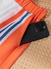 2pcs Women Casual Striped Print Off Shoulder Top With Slit Sleeve And Wide Leg Pants, Bohemian Style - Orange - View 9