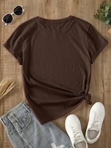 Camiseta relajada de mujer con cuello redondo y mangas cortas de unicolor, uso casual diario, tops para mujeres tshirt - Café - Ver 2