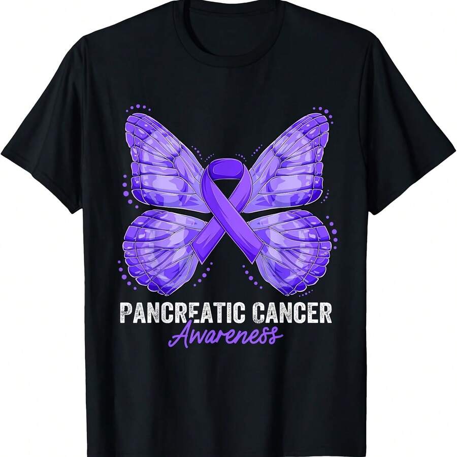 Pancreatic Cancer Awareness Month Butterfly Purple Ribbon T-Shirt - Black 8 - View 1