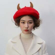 Devil Horns Red Beret For Women - Fun Halloween Costume Accessory, Unique Fashion Beret With Horns, Red Beret For Cosplay, Party Hats