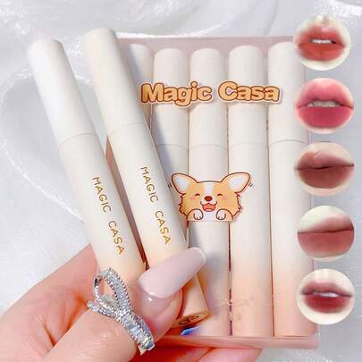 Set de 5 piezas de brillo de labios mate de PVC con diseño de Corgi, de larga duración y adecuado para estudiantes