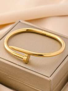 4pcs/1set 18K Gold Plated Stainless Steel Women Fashion Bracelet Set, 3D Five-Leaf Flower Bracelet, Four-Leaf Flower Nail Bracelet, Four-Leaf Flower High-Quality Rhinestone Bracelet, Waterproof & Fade-Resistant, Suitable For Daily Wear, Parties, Gifts For Friends & Family, Valentine's Day, Christmas - Gold - View 3