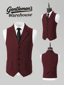 Retro Men's Western Cowboy Suit Vest Slim Fit V Neck Suede Leather Dress Vests Vintage Prom Wedding Casual Waistcoat - 酒紅色 - 查看 2