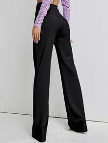 纯色高腰阔腿裤 喇叭裤 阔腿裤 正装裤 - 黑色 - 查看 2