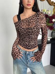 Blusa Assimétrica/Assimétrica de Babados Transparentes com Estampa de Leopardo em Tecido de Malha Elegante e Sexy, Adequada para Noite, Praia, Uso Diário, Todas as Estações, Versátil