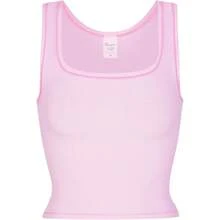 Camiseta de mujer de costilla con acolchado, top de entrenamiento de cuello cuadrado, top corto ajustado, camiseta básica de tirantes - Flor rosa - Ver 6