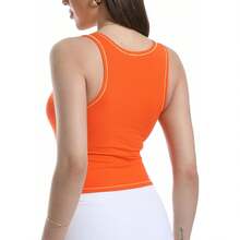 Women Rib Tank Top Padded Workout Top Square Neck Crop Tank Fitted Basic Cami Tops - Hot Orange - View 2