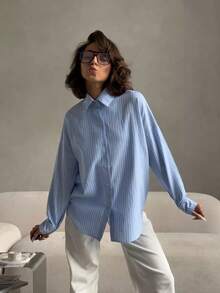 Women's Oversized Striped Light Blue Office Shirt,Women's Korean Style Blouse - Vertical Stripes, Long Sleeve Office & Daily Wear Blue/White Horizontal Stripes Classic Button Front Shirt, Loose Fit Button-Up Top, All-Season Casual Formal Wear, Versatile Fabric, Retro Collar Design, Durable Fabric, Workwear, Breathable Material, Professional Women's Shirt, Women's Blouse