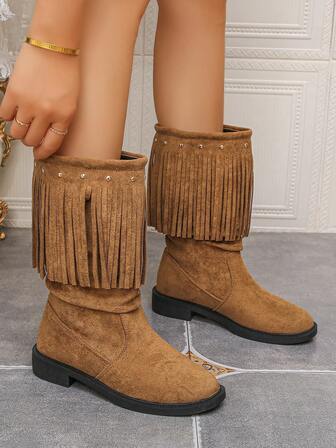 Fringed, Riveted Retro Punk High-Top Boots, Suede, Round Toe, Knight Style, Distressed, Pleated, Slouchy, Flat, Soft, Over-The-Knee, Slip-On, Women Shoes Boots, Warm, Thermal Lined, Casual Fashion New, Outdoor Sports, Party, Office, Lightweight, Elegant, Minimalist, Comfortable, Casual, Party, Daily, Travel, Wedding, Camping, Pride Event, Autumn/Winter Essential, Gift, Sexy, Streetwear