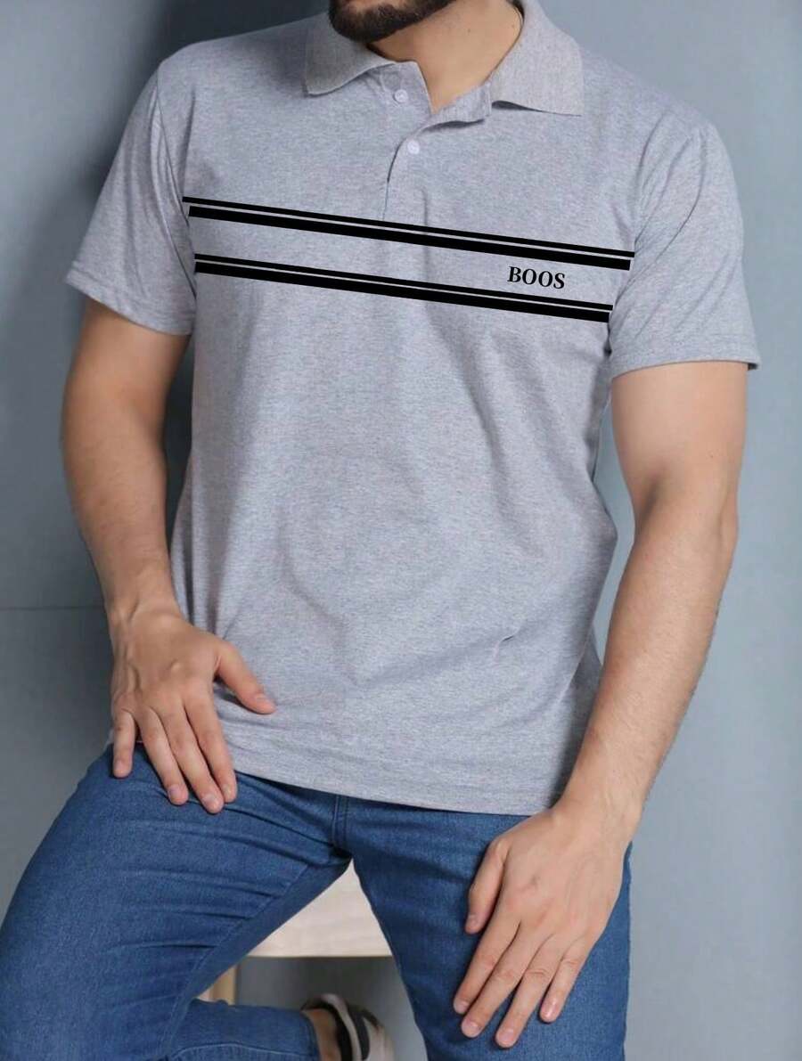 BOOS Men's Summer Polo Neck T-Shirt Regular Fit Buttons On The Front Button - Grey - View 1